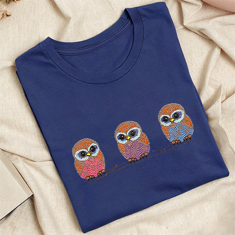 Embroidered Cute Owl Classic Adult Unisex Crew Neck T-Shirt