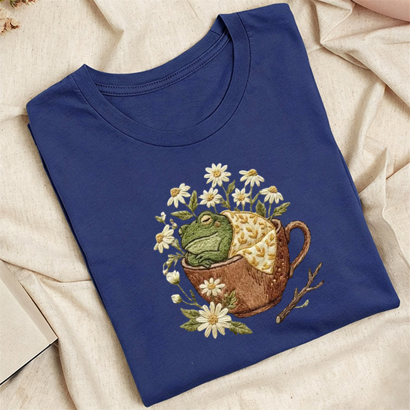 Embroidered Frog in Teacup Classic Adult Unisex Crew Neck T-Shirt