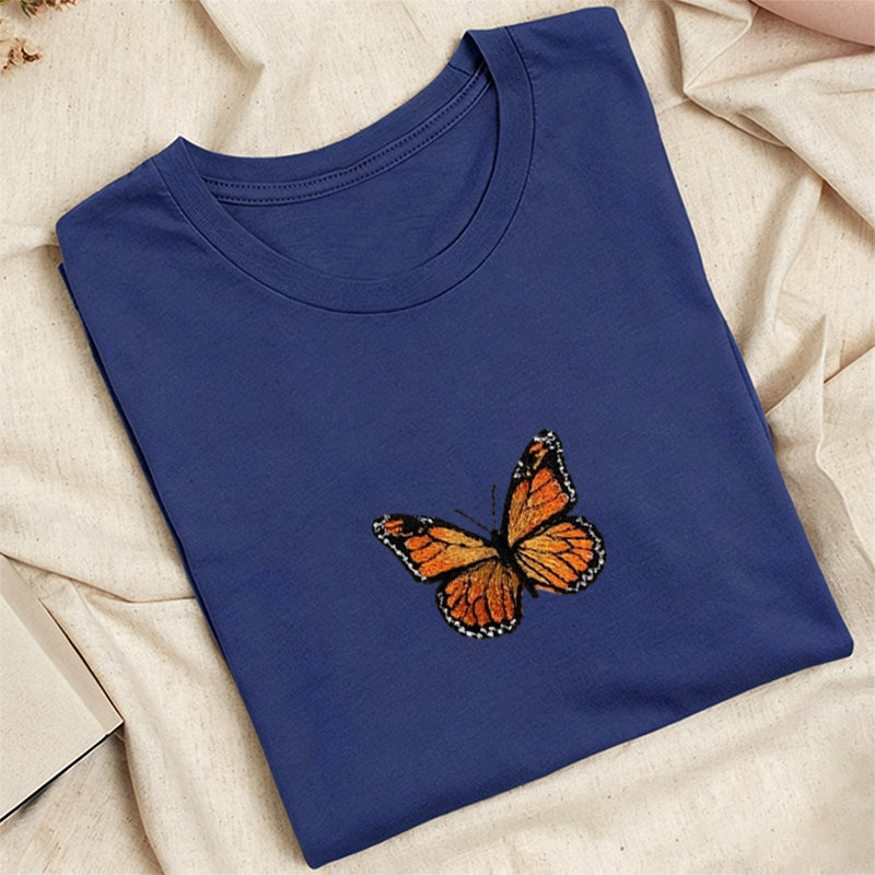 Embroidered Monarch Butterfly Classic Adult Unisex Crew Neck T-Shirt