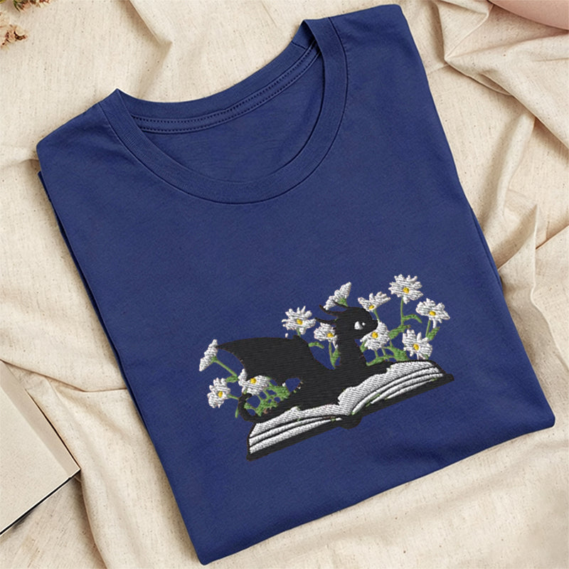 Embroidered Floral Dragon Book Classic Adult Unisex Crew Neck T-Shirt