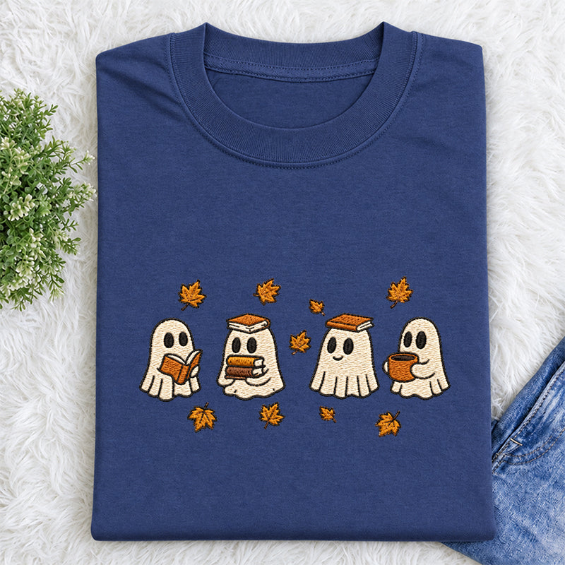Embroidered Autumn Bookish Ghost Classic Crew Neck T-Shirt