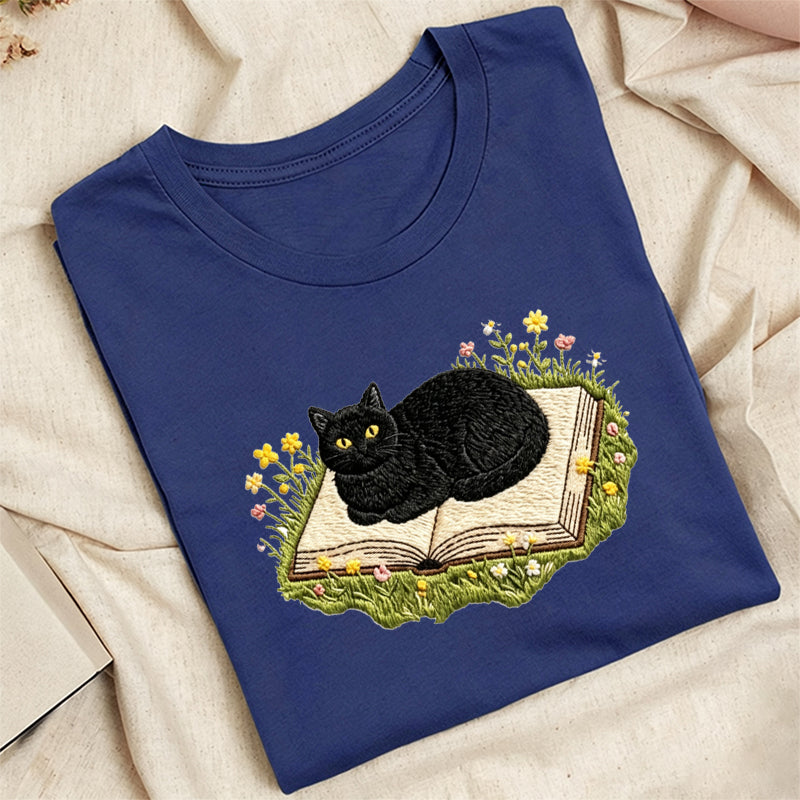 Embroidered Black Cat Book Classic Adult Unisex Crew Neck T-Shirt