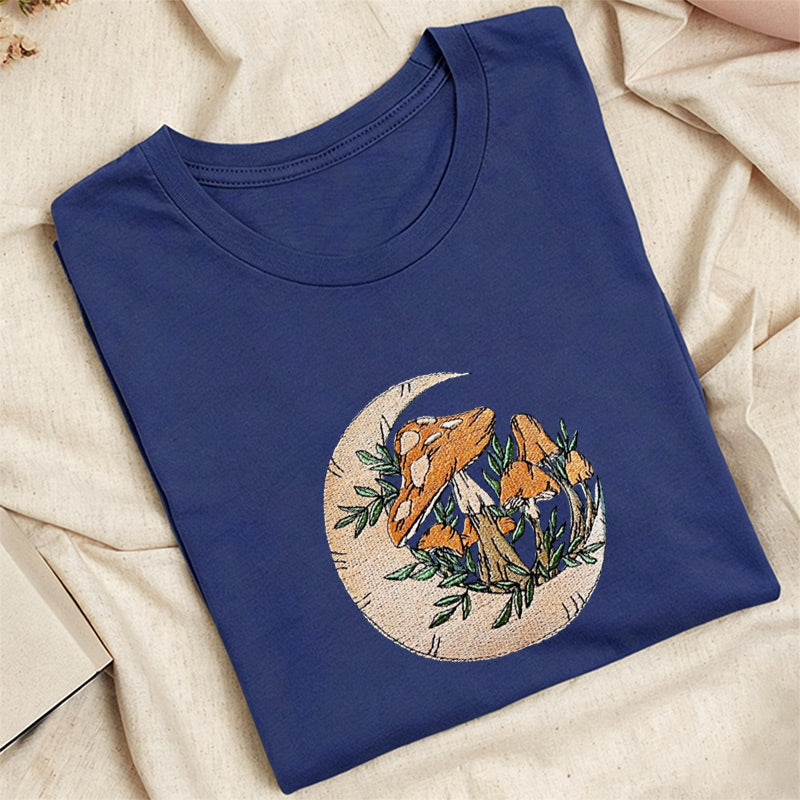 Embroidered Mushroom Moon Classic Adult Unisex Crew Neck T-Shirt