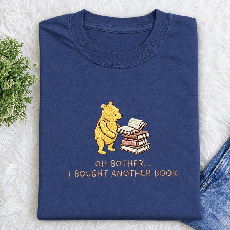 Embroidered Funny Bear Reading Books Classic Crew Neck T-Shirt