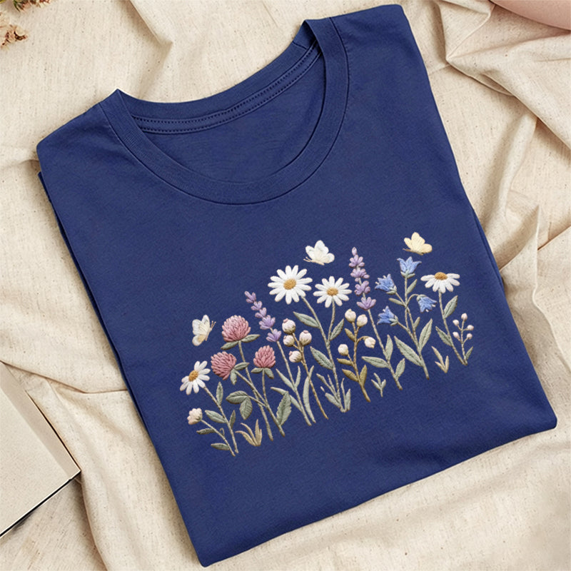 Embroidered Wildflower Classic Adult Unisex Crew Neck T-Shirt