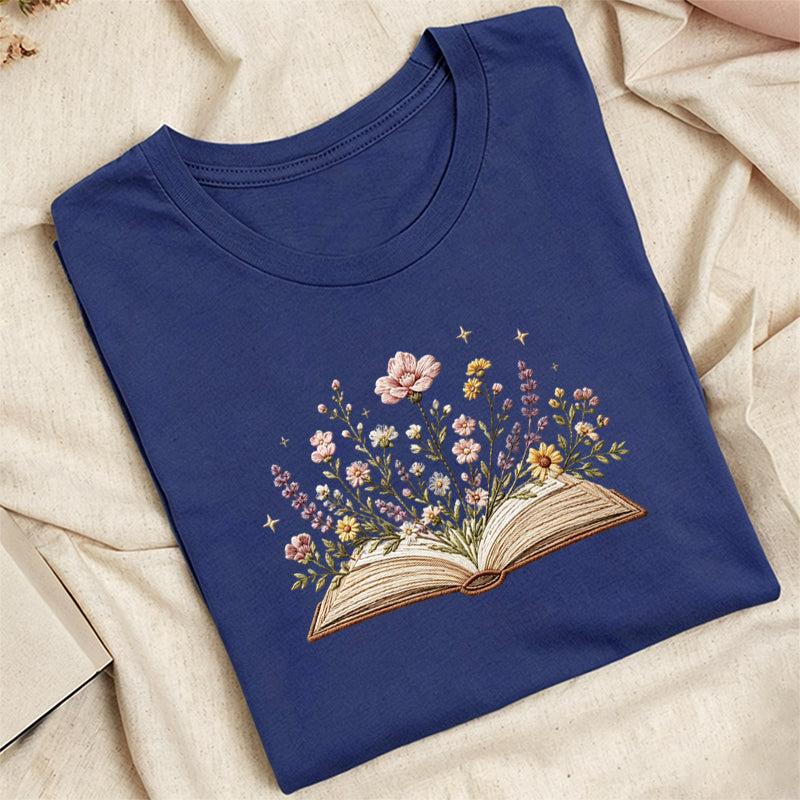 Embroidered Floral Book Classic Adult Unisex Crew Neck T-Shirt