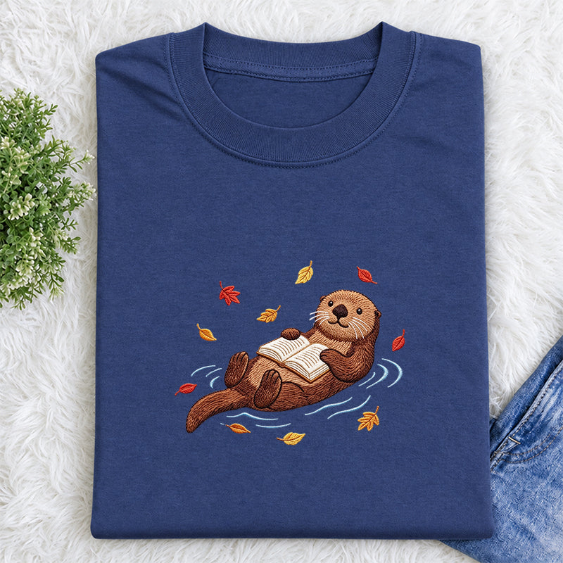 Embroidered Otter Reading Book Classic Crew Neck T-Shirt