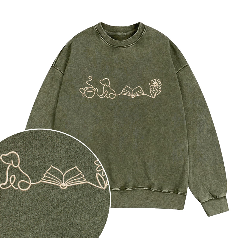 Embroidered Coffee Dog Book Flowers Washed Crewneck Sweatshirt