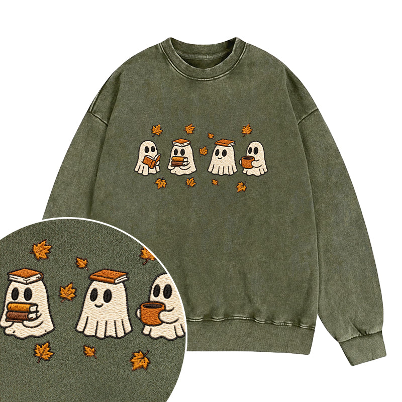 Embroidered Autumn Bookish Ghost Washed Crewneck Sweatshirt