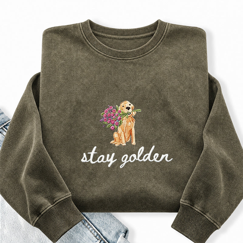 Embroidered Stay Golden Washed Crewneck Sweatshirt