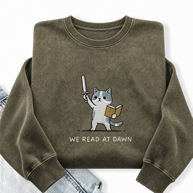 Embroidered We Read At Dawn Cat Washed Crewneck Sweatshirt