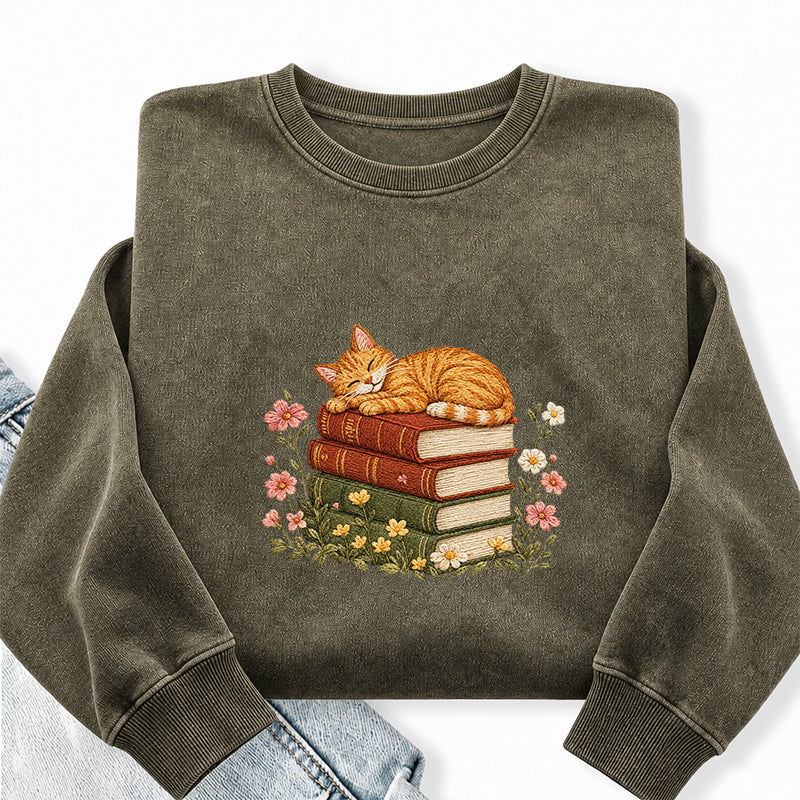 Embroidered Cat Sleeping On Books Washed Crewneck Sweatshirt