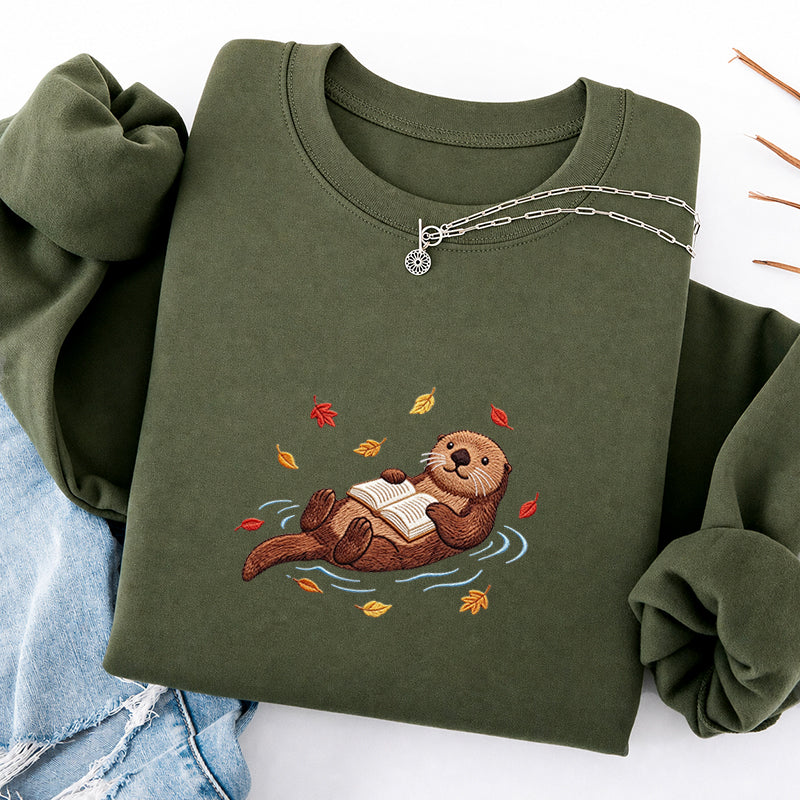 Embroidered Otter Reading Book Classic Crewneck Sweatshirt
