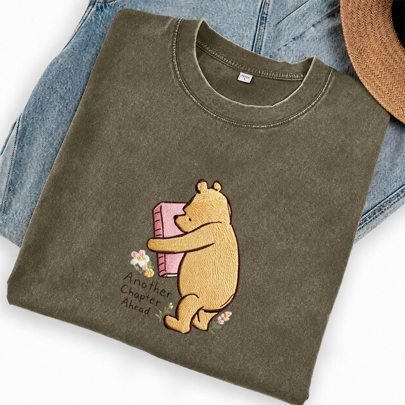 Embroidered Reading Bear Another Chapter Washed Crew Neck T-Shirt