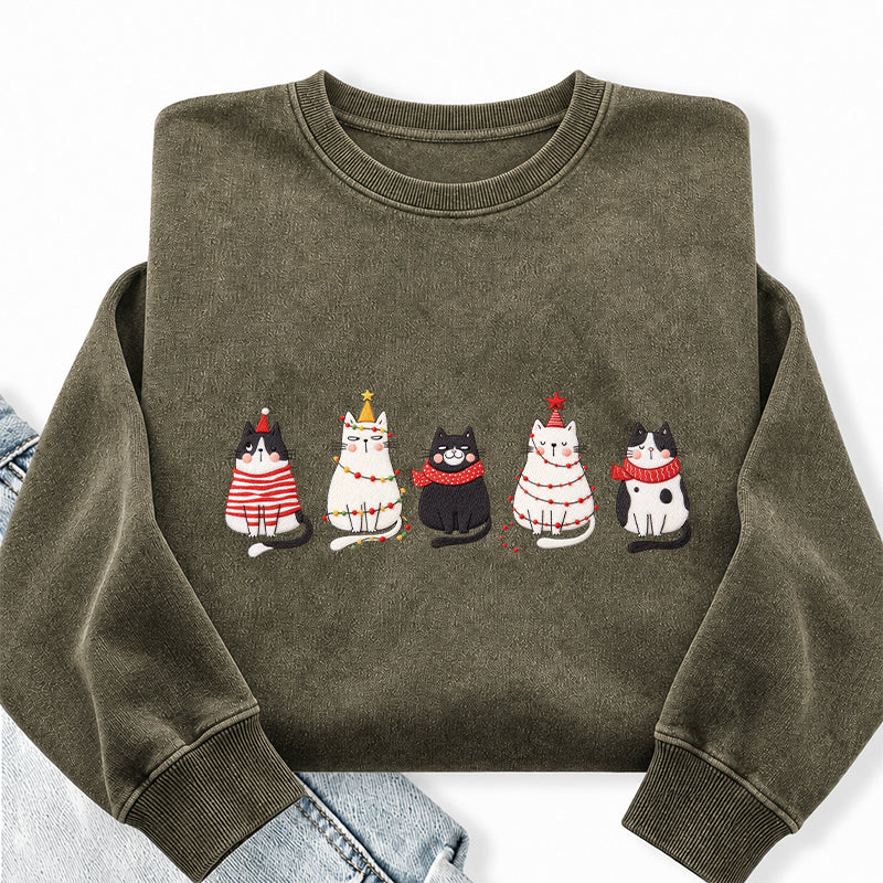 Embroidered Cute Cat Christmas Washed Crewneck Sweatshirt