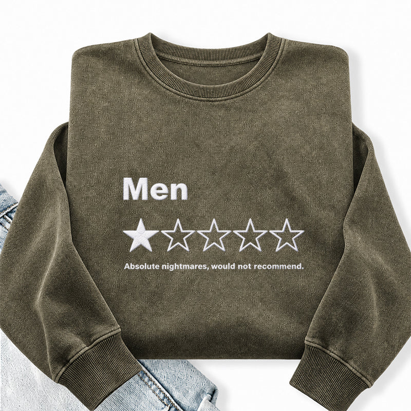 Embroidered Men One Star Review Washed Crewneck Sweatshirt