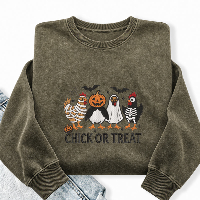 Embroidered Chick Or Treat Washed Crewneck Sweatshirt