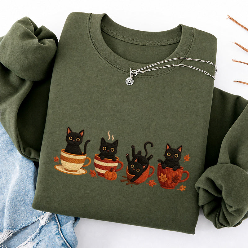 Embroidered Black Cat Coffee Classic Crewneck Sweatshirt