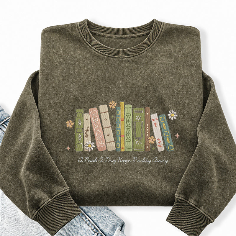 Embroidered A Book A Day Washed Crewneck Sweatshirt