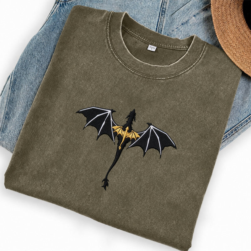Embroidered Fantasy Book Dragon Washed Crew Neck T-Shirt