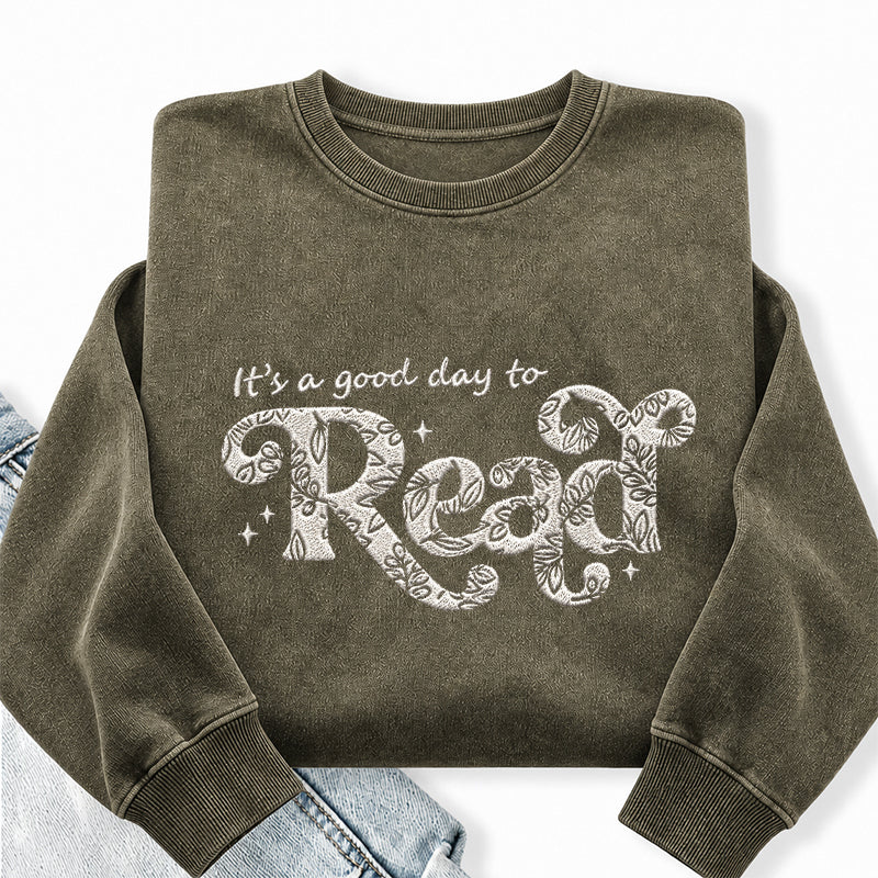 Embroidered Floral A Good Day To Read Washed Crewneck Sweatshirt