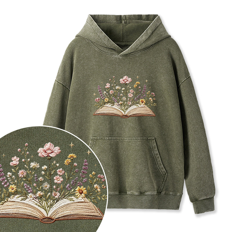 Embroidered Floral Book Washed Hoodie