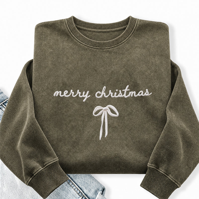 Embroidered Merry Christmas Bow Washed Crewneck Sweatshirt
