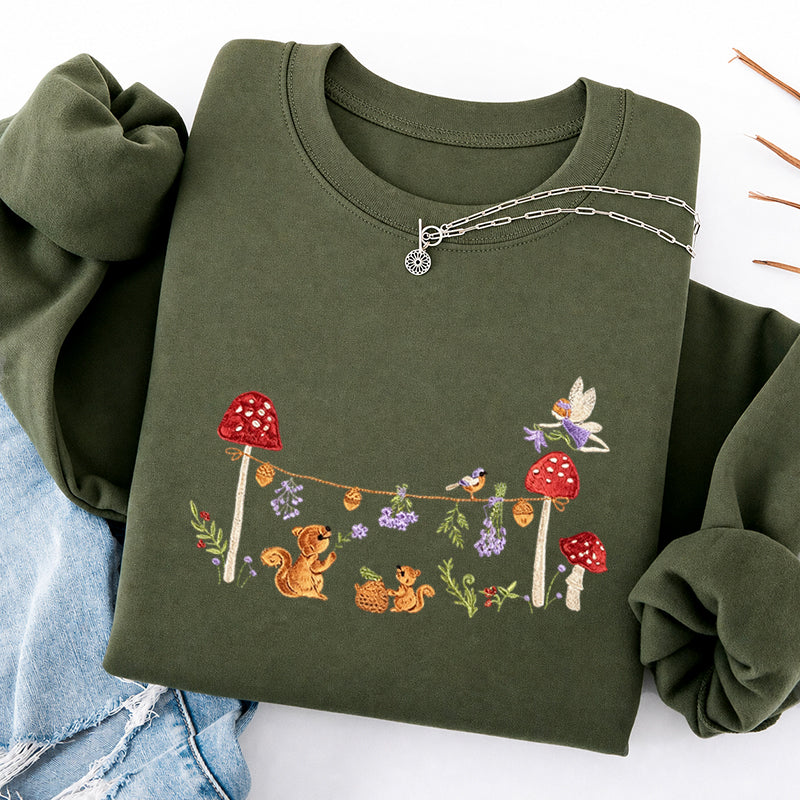 Embroidered Squirrel Woodland Fairy Tale Classic Crewneck Sweatshirt