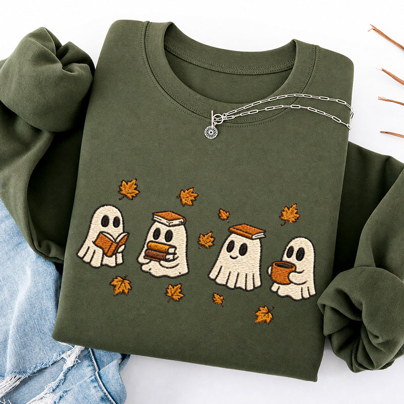 Embroidered Autumn Bookish Ghost Crewneck Sweatshirt