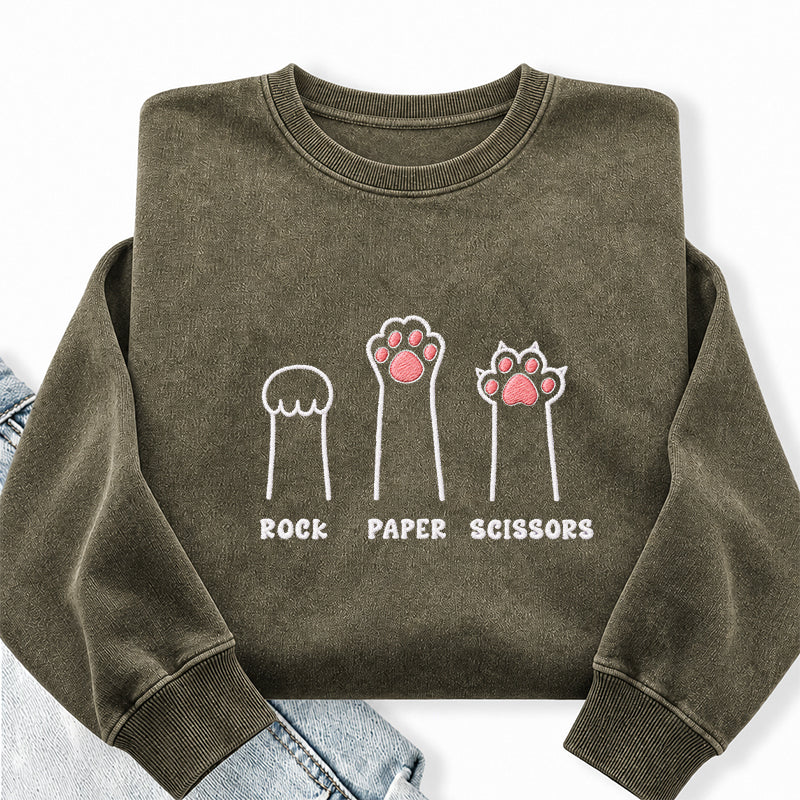 Embroidered Rock Paper Scissors Cat Paw Washed Crewneck Sweatshirt