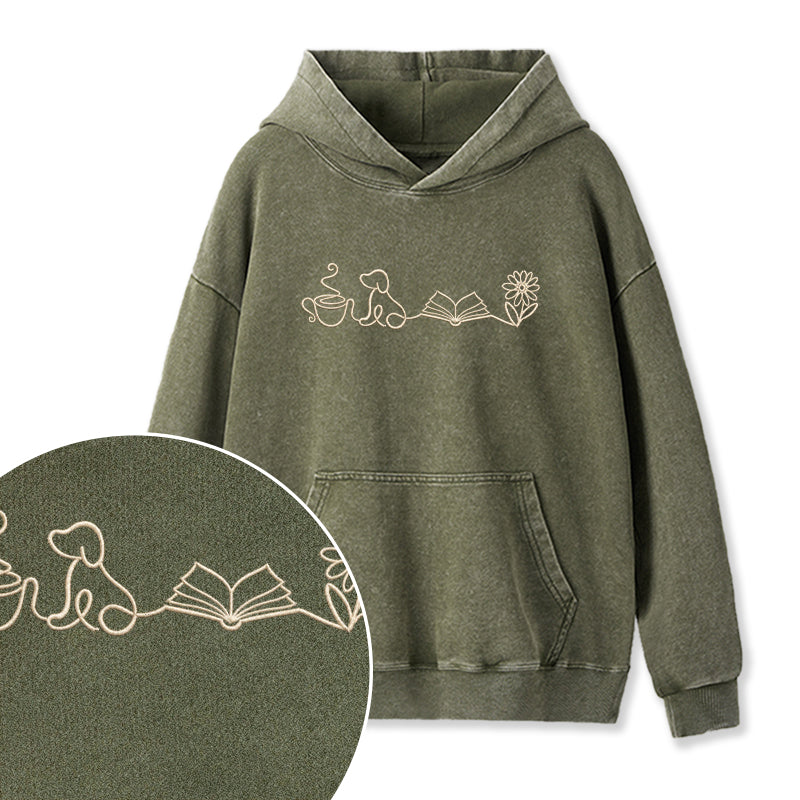 Embroidered Coffee Dog Book Flowers Washed Hoodie