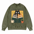 Retro Curious Reading Cats Washed Crewneck Sweatshirt