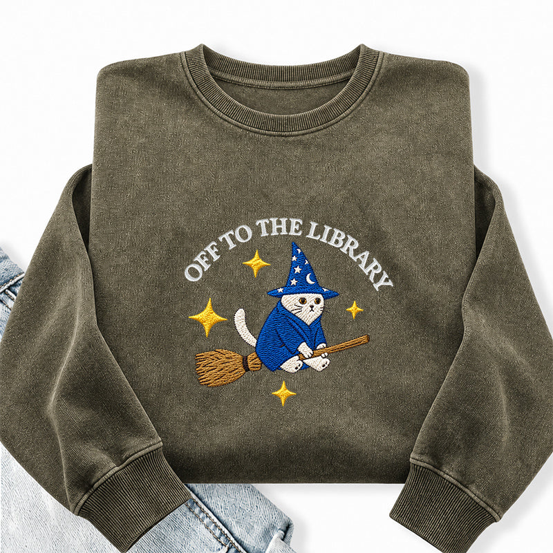 Embroidered Cat Off To The Library Washed Crewneck Sweatshirt