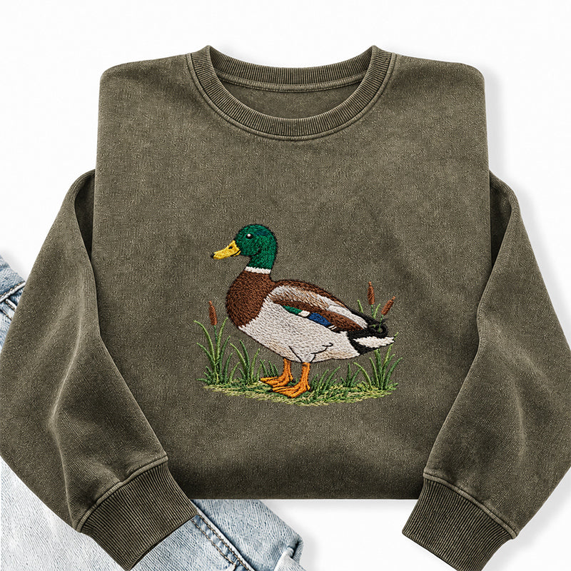 Embroidered Mallard Duck Washed Crewneck Sweatshirt
