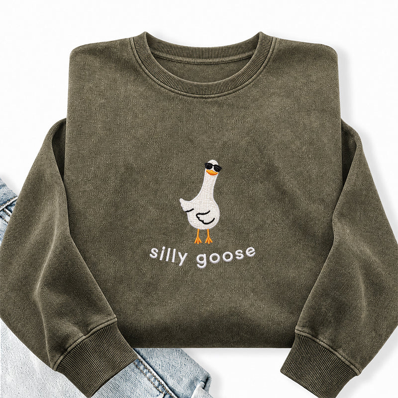 Embroidered Funny Silly Goose Washed Crewneck Sweatshirt