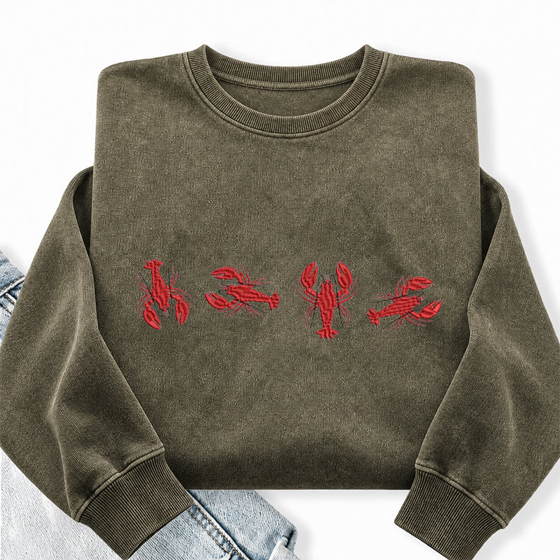 Embroidered Lobster Washed Crewneck Sweatshirt