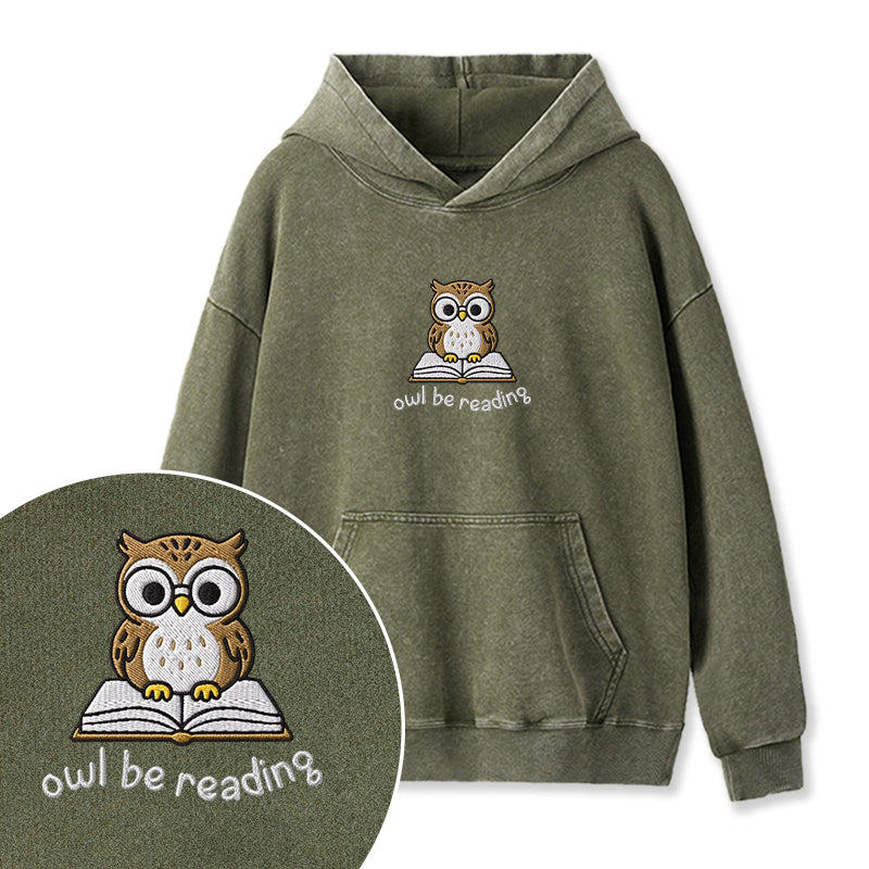 Embroidered Owl Be Reading Washed Hoodie