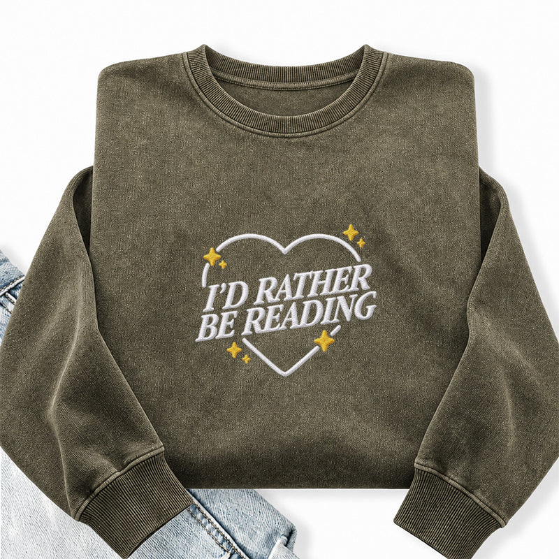 Embroidered I'd Rather Be Reading Heart Washed Crewneck Sweatshirt