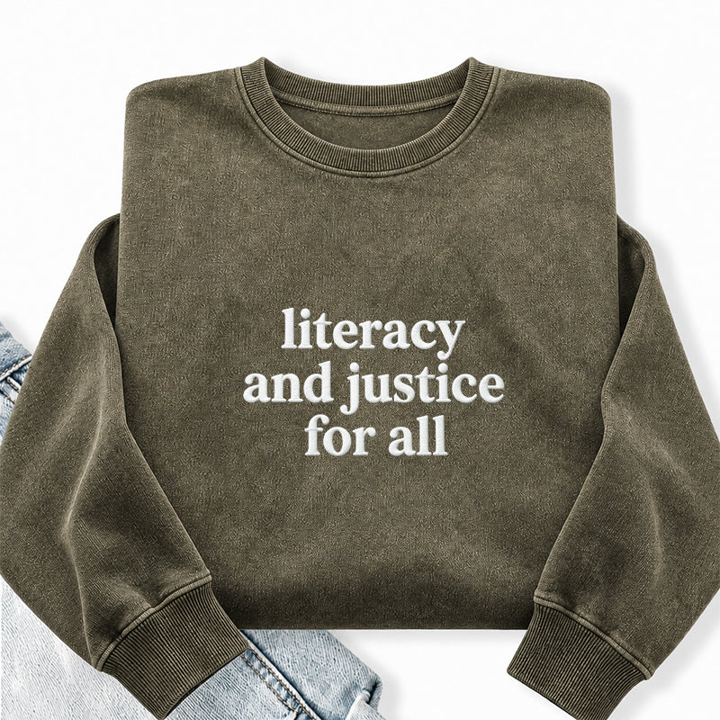 Embroidered Literacy And Justice For All Washed Crewneck Sweatshirt
