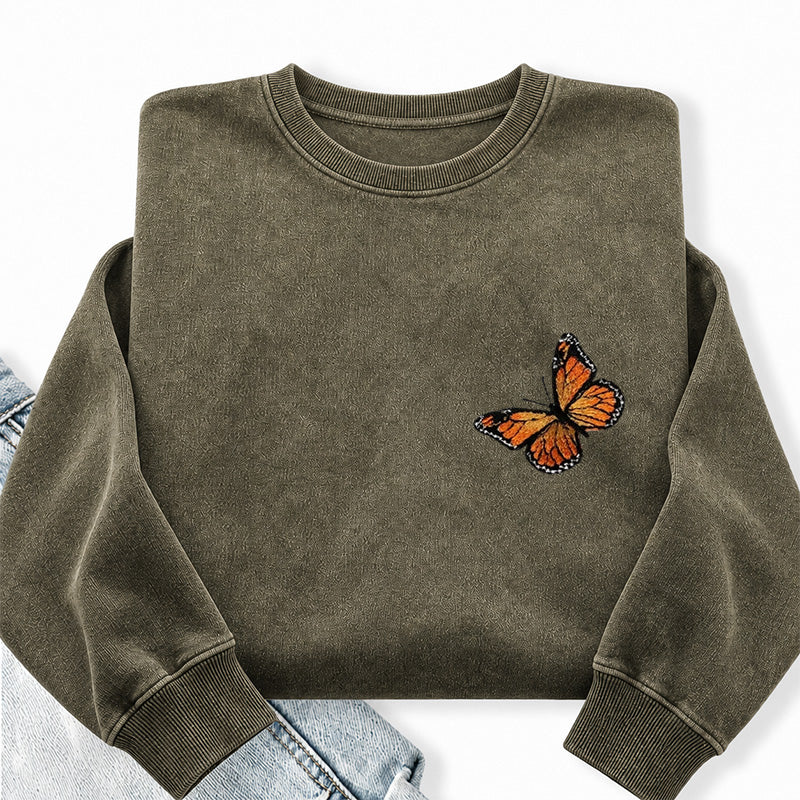 Embroidered Monarch Butterfly Washed Crewneck Sweatshirt