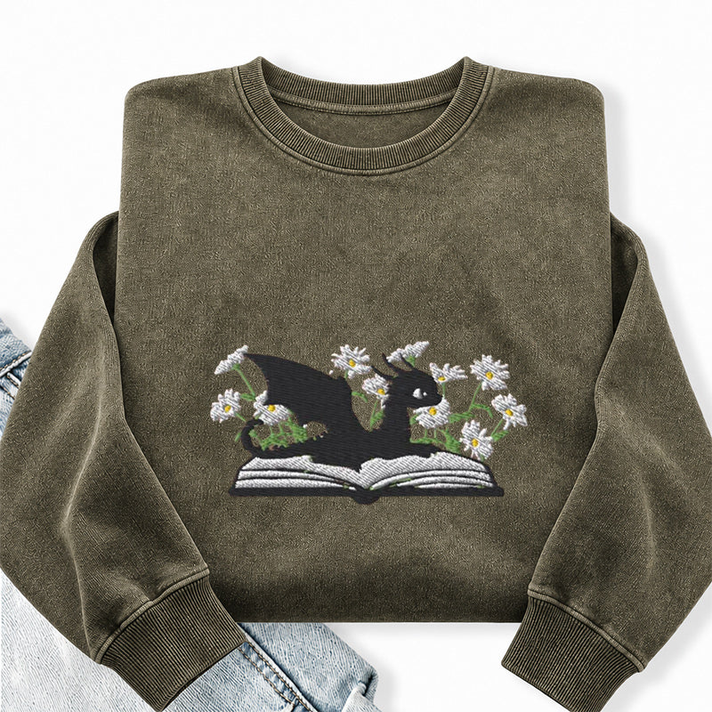 Embroidered Floral Dragon Book Washed Crewneck Sweatshirt