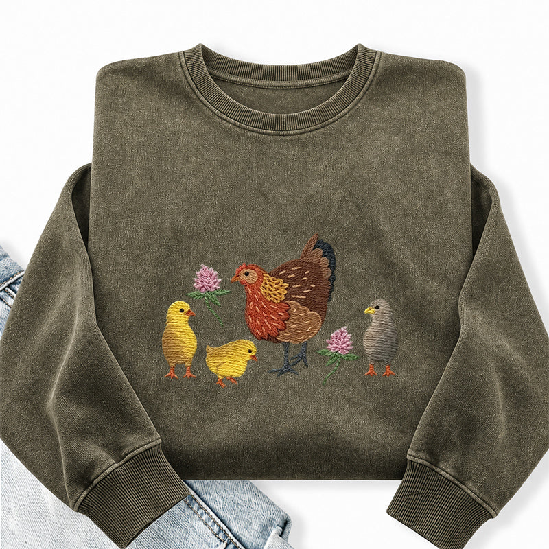 Embroidered Hen & Chicks Washed Crewneck Sweatshirt