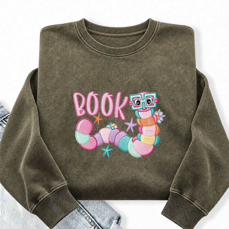 Embroidered Reading Book Worm Washed Crewneck Sweatshirt