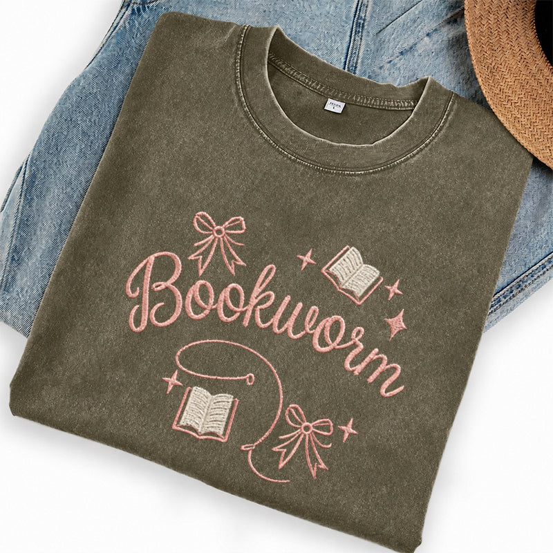 Embroidered Funny Bookworm Washed Crew Neck T-Shirt