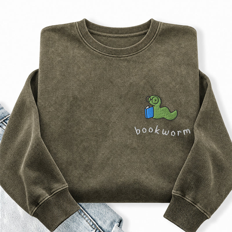 Embroidered Bookworm Washed Crewneck Sweatshirt