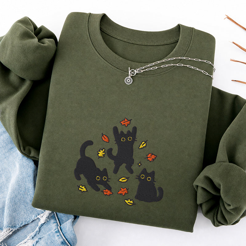 Embroidered Black Cats Fall Leaves Classic Crewneck Sweatshirt