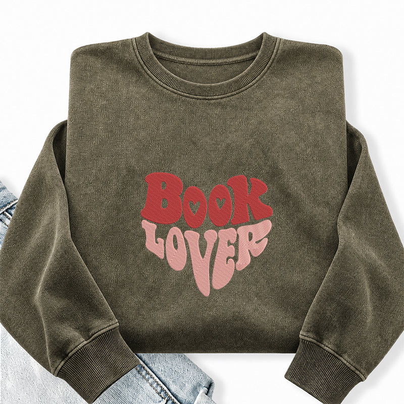 Embroidered Vintage Book Lover Washed Crewneck Sweatshirt