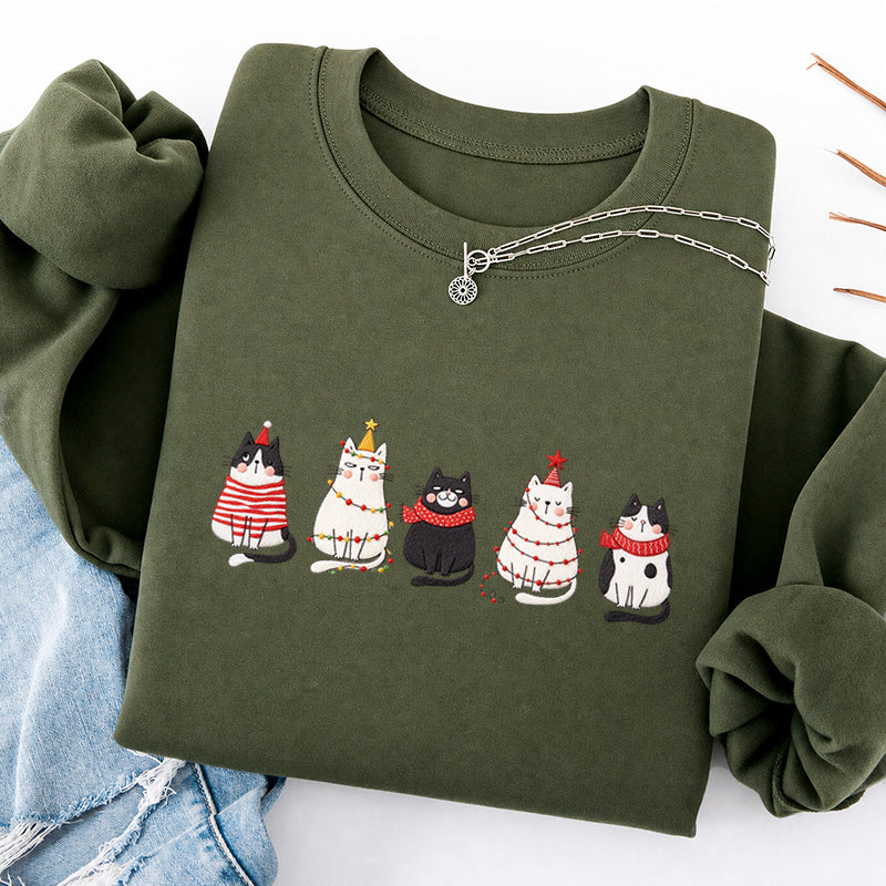 Embroidered Cute Cat Christmas Classic Crewneck Sweatshirt
