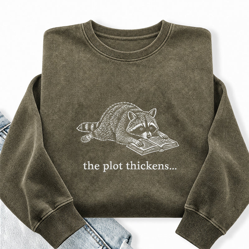 Embroidered The Plot Thickens Reading Raccoon Washed Crewneck Sweatshirt