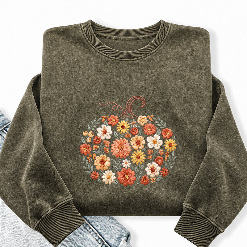 Embroidered Floral Pumpkin Washed Crewneck Sweatshirt